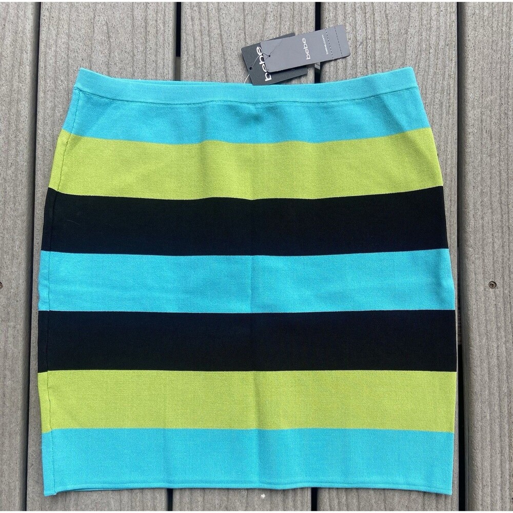 Bebe Womens L Colorblock Striped Bodycon Mini Skirt Turquoise Lime Black NWT
